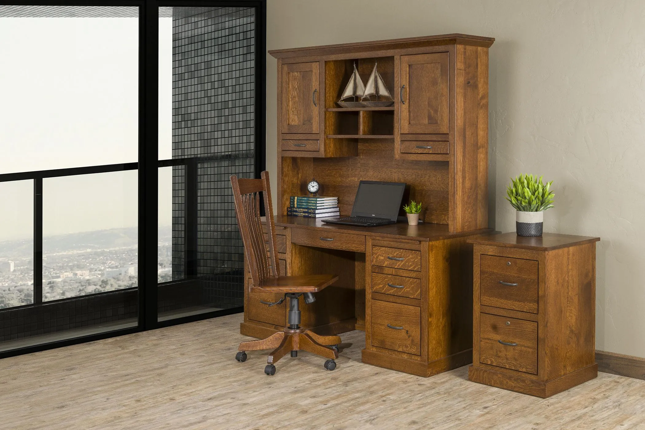 SHF Mission 62" Double Pedestal Desk With Hutch Top