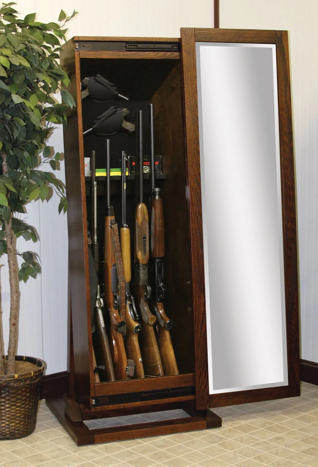 1035 300 shaker mirror rifle cabinet (roughsawn option) wood= oak   stain= ocs 226 coffee please specify for roughsawn feature